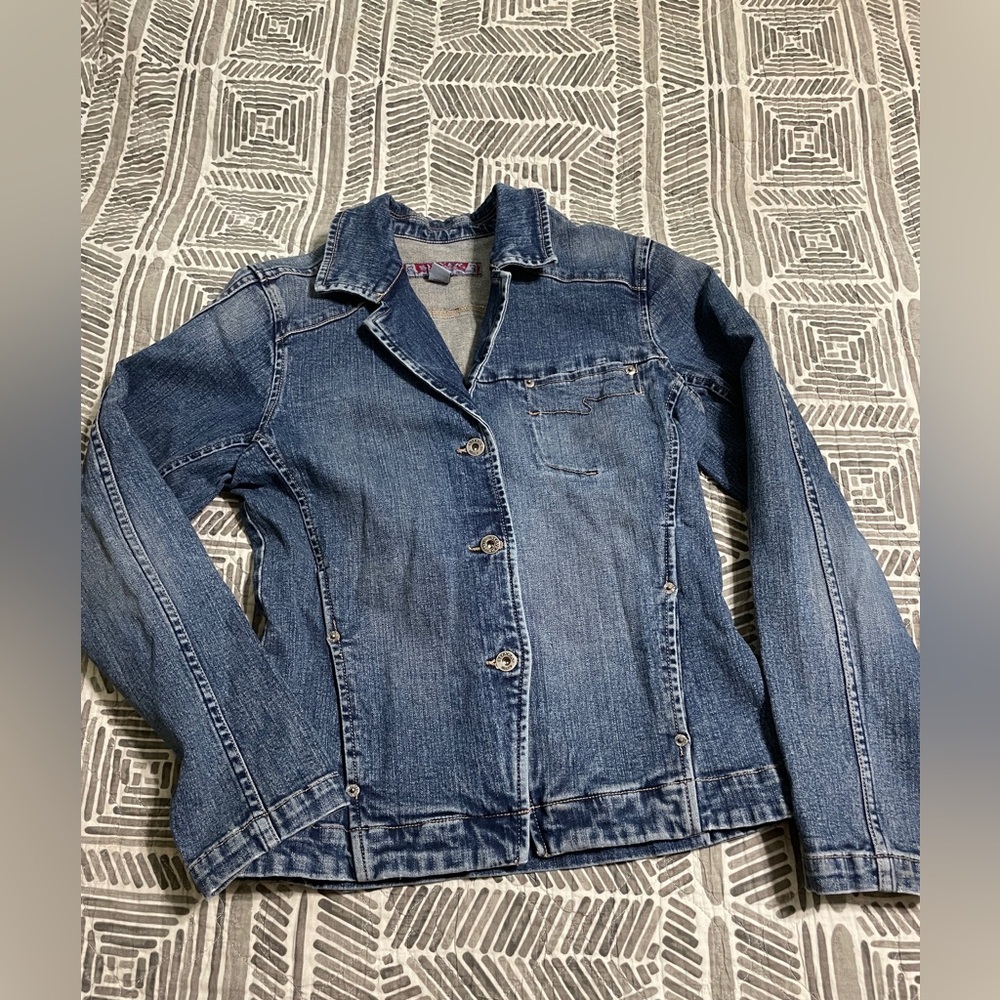 Women's silver Jeans bead Denim blazer size L - Picture 2 of 3